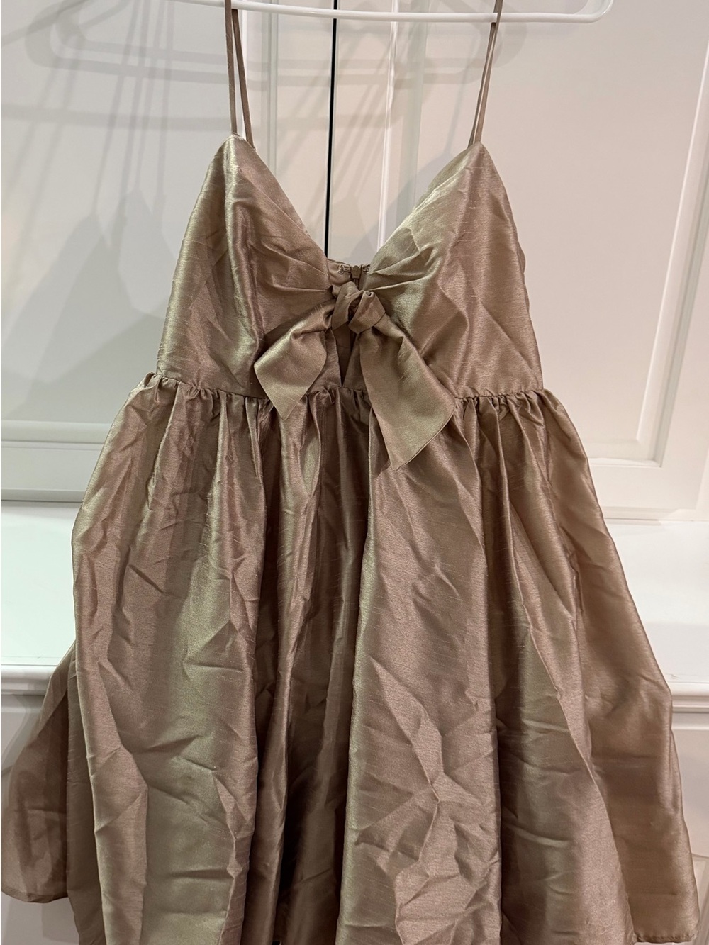 Aakaa Metallic Taupe Bow-Front Spaghetti Strap Dress